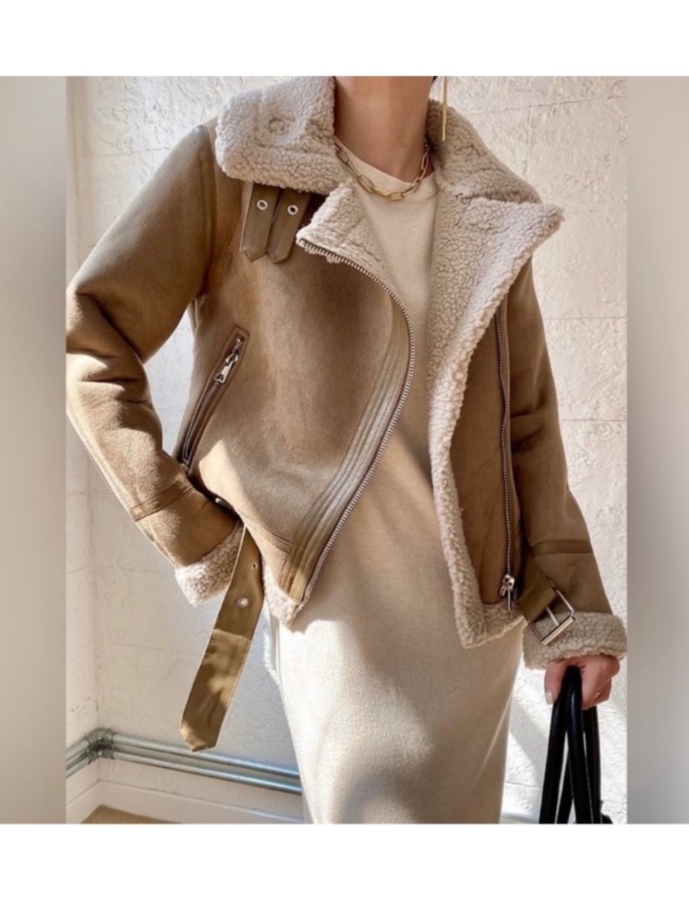 Zara Sherpa-Lined Aviator Moto Jacket